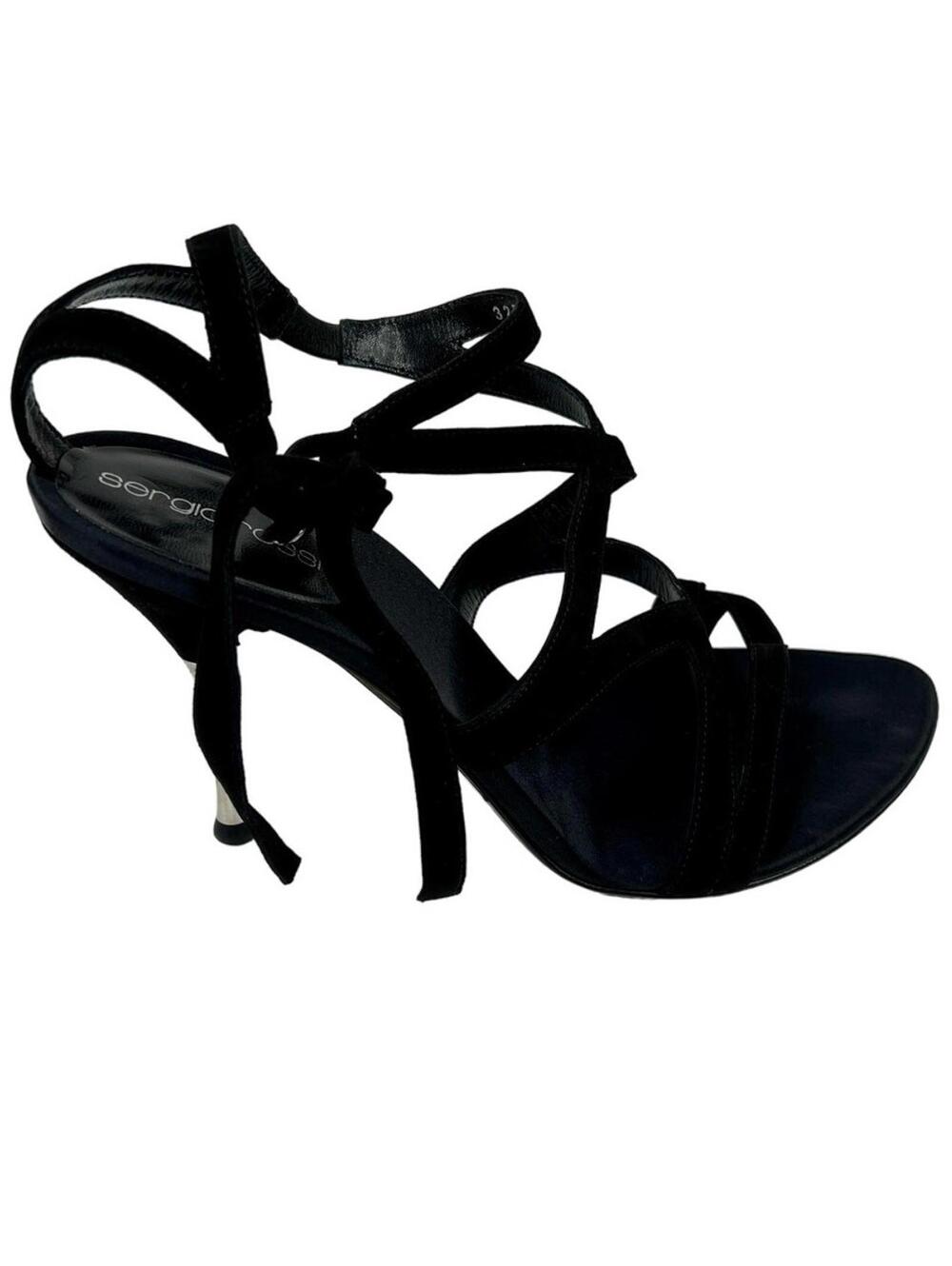 Sergio Rossi AL3254 Size 9.5 Black Suede Royal Nero Cut Out ANKLE STRAP Sandals